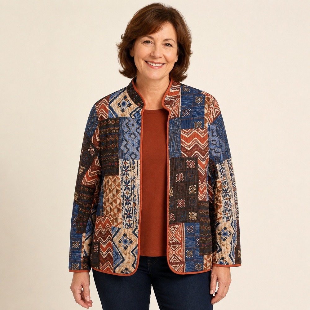 Alfred Dunner Women's 12 Quilted Faux Patchwork Open Front Cotton Jacket